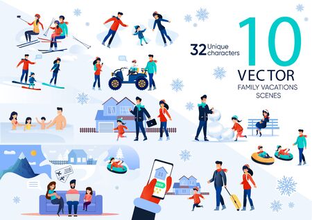 Family Winter Outdoor Activities and Recreation Trendy Flat Vector Scenes Set. Parents with Children Resting on Ski Resort, Walks Outdoor, Making Snowman, Ordering Airline Tickets Online Illustrationsのイラスト素材