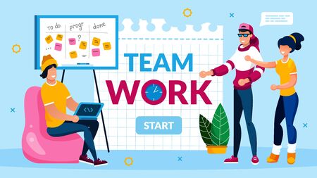 Teamwork Collaboration and Support Motivation. Programmer Team Support and Help Coworker with Deadline. Software Development and Optimization. Banner with Start Button. Vector Illustrationのイラスト素材