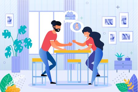 Happy Husband and Wife Discussing Future Plan. Man and Woman Married Couple Planning House Purchase and Pregnancy Beginning. Newlyweds Sitting at Table in Home Living Room. Vector Illustrationのイラスト素材