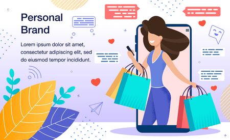 Personal Branding Marketing Strategy, Promoting Company, Product or Service with Personal Name Banner, Poster. Woman with Shopping Packets in Hands Using Smartphone Trendy Flat Vector Illustrationのイラスト素材