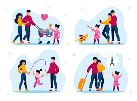 Happy Family Daily Life Situations, Recreational Activities Trendy Flat Vector Set. Parents with Child Shopping Together, Playing with Dog, Jumping on Rope, Making Photos, Planning Trip Illustrationのイラスト素材
