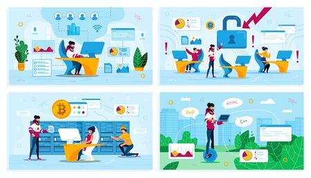 Online Business, Hacker Attack Threat, Bitcoin Trading, Digital Profession Trendy Flat Vector Concepts Set. Network Administrator, Employees in Panic, Mining Farm, Hipster Rides Unicycle Illustrationのイラスト素材