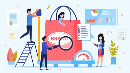 Personal Branding Technology. Brand Testing Process. Woman Customer in Shopping Bag on Weight Scale. Man with Ruler Measuring Size. Lady with Checkup List. Team Marketer. Metaphor Vector Illustrationのイラスト素材