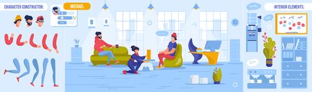 Coworking Open Workspace. Rest Time at Work Day. Worker Character Body Part Constructor Set. Office Interior Element Design. Colleague Talking, Drinking Coffee, Playing Table Game Vector Illustrationのイラスト素材