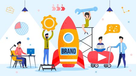 Brand Spaceship Rocket Launching. Successful Product Startup Process. People Marketer Team Using Branding Technology and Strategically Important Tool. Final Countdown. Metaphor Vector Illustrationのイラスト素材