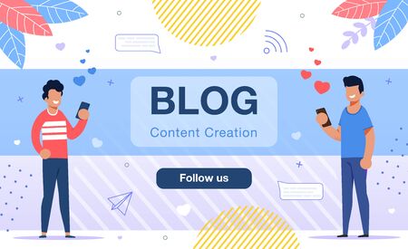 Online Startup for Bloggers, Internet Platform or Service for Social Media Content Creators Web Banner, Landing Page Template. Men Viewing, Liking and Sharing Content Trendy Flat Vector Illustrationのイラスト素材