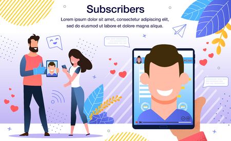 Popularity Among Internet Users, Authority in Social Networks, Famous Person or Celebrity Online Followers Banner, Poster. Blogger Subscribers Discussing Last News Trendy Flat Vector Illustrationのイラスト素材