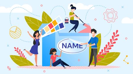 Brand Name Creation. Team Workflow Process. Woman Designer Working on Design. Man Marketer Changing Product Logotype. Rebranding. Awareness and Recognition Increase. Metaphor Vector Illustrationのイラスト素材