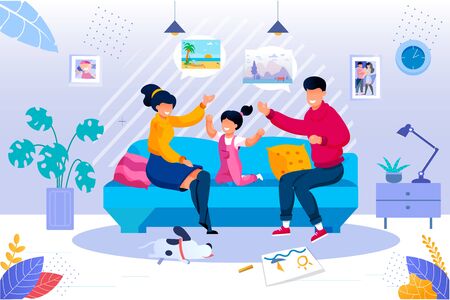Smiling Parent Playing with Cheerful Daughter Kid Sitting Together on Couch in Living Room at Home. Happy Family Evening Recreation and Pastime. Togetherness Activity. Vector Illustrationのイラスト素材