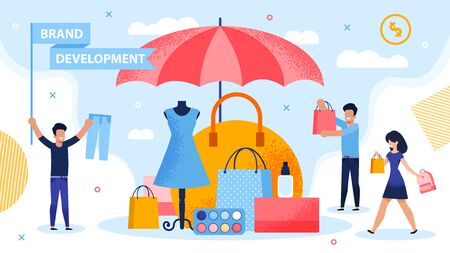Brand Development and Piracy Protection Metaphor. People Carrying Shopping Bag and Putting Product under Parasol. Marketer Holding Flag with Promoting Lettering. Fashion Woman Goods Securityのイラスト素材