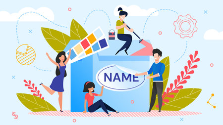 Brand Name Creation. Team Workflow Process. Woman Designer Working on Design. Man Marketer Changing Product Logotype. Rebranding. Awareness and Recognition Increase. Metaphor Vector Illustrationのイラスト素材
