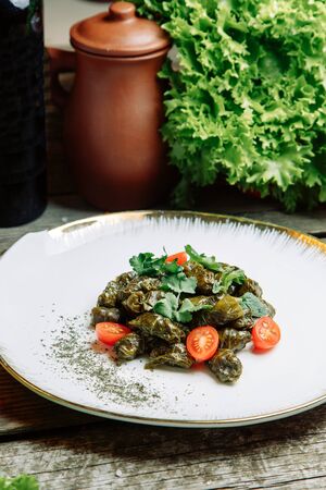 Azerbaijani restaurant dish with vegetable decor. At home on a plate with sauce and herbs.の写真素材