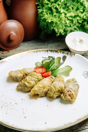 Azerbaijani restaurant dish with vegetable decor. At home on a plate with sauce and herbs.の写真素材