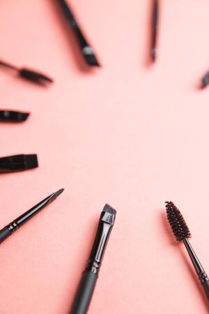 Leather case with makeup brushes. Set of black eyebrow brushes. の写真素材