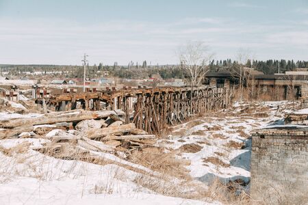Abandoned production as after the war. Old destroyed factory and workshops.の写真素材