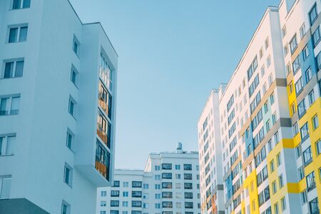 Parts of the facades of modern houses. Bright juicy colors in the construction of buildings.の写真素材