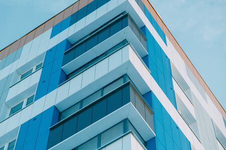 Parts of the facades of modern houses. Bright juicy colors in the construction of buildings.の写真素材