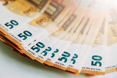 Layout of money on a white background Flatley. Paper money account in Europe. 50 Euro banknotes. の写真素材