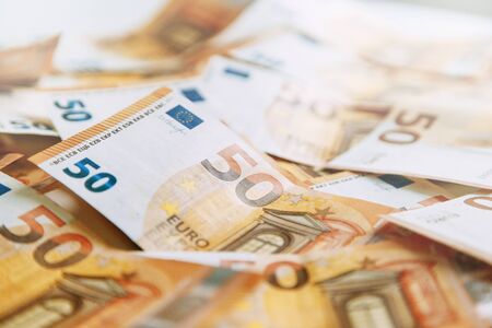 Layout of money on a white background Flatley. Paper money account in Europe. 50 Euro banknotes. の写真素材