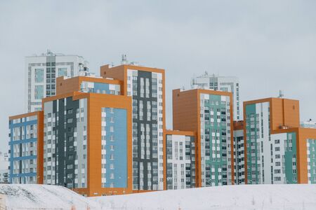 Parts of the facades of modern houses. Bright juicy colors in the construction of buildings.の写真素材