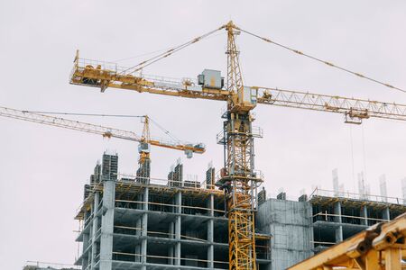 Construction of modern high-rise buildings. Phased construction of structures in winter.の写真素材