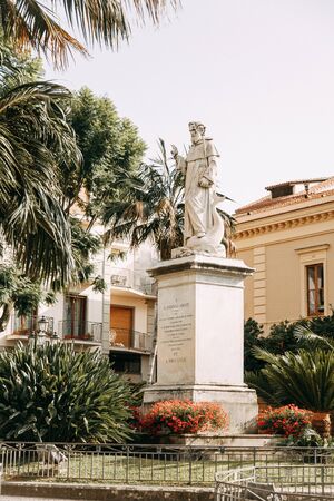 Views of the city of Sorrento in Italy, panorama and top view. Night and day, the streets and the coast. Beautiful landscape and brick roofs. Architecture and monuments of antiquity. Shops and streets with fountains and sculptures.の写真素材