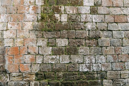 The texture of the old masonry of stone and concrete. The wall on the streets of Italy. Covered with...