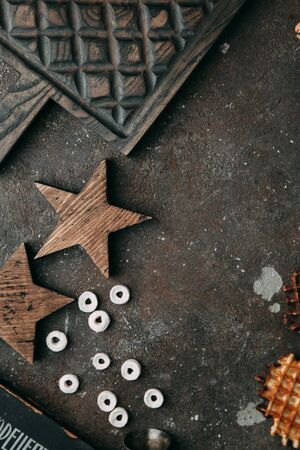 Food styling in flatley layouts, on wooden and concrete background with desserts and decorの写真素材