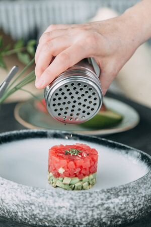 cooking Tartar of beef and in the supply of liquid nitrogenの写真素材