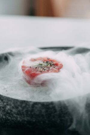 cooking Tartar of beef and in the supply of liquid nitrogenの写真素材