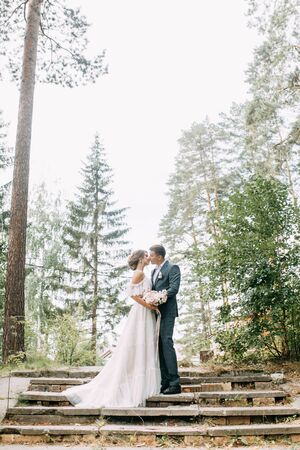 Modern ceremony in European style. Beautiful wedding couple in atmospheric forest with rocks.の写真素材