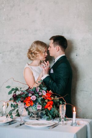 the European-style wedding, a handsome couple in a photo Studio, bride's morningの写真素材