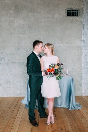the European-style wedding, a handsome couple in a photo Studio, bride's morningの写真素材