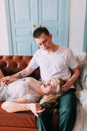 the European-style wedding, a handsome couple in a photo Studio, bride's morningの写真素材