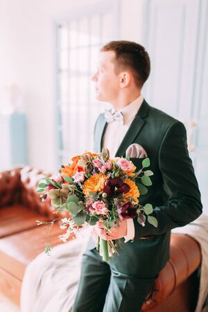 the European-style wedding, a handsome couple in a photo Studio, bride's morningの写真素材