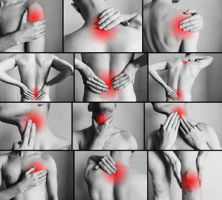 Isolate on gray background, red painful. Collage representing man having pain at several part of body.の写真素材