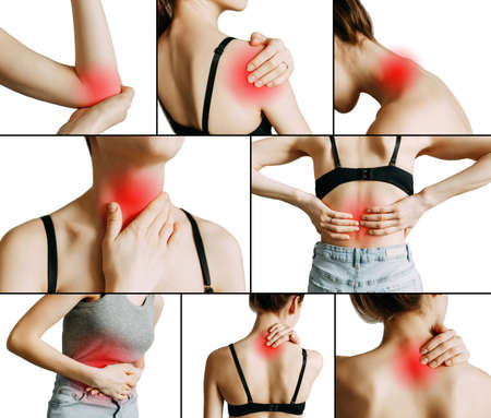 Isolated on white background. Collage of several photos. Pain in a woman's body.