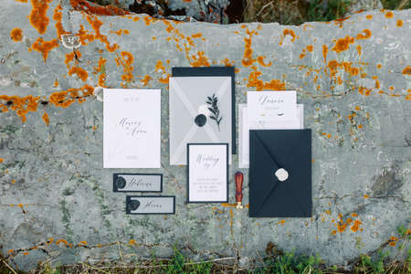 Wedding invitation cards and envelopes. Layout for text or photos, wedding printing.の写真素材