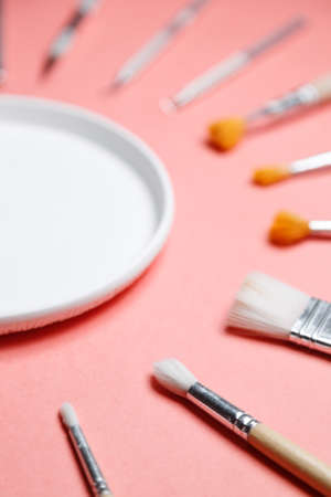 Ceramic clay vase on a bright colored background. Set of textured cups close-up.の写真素材