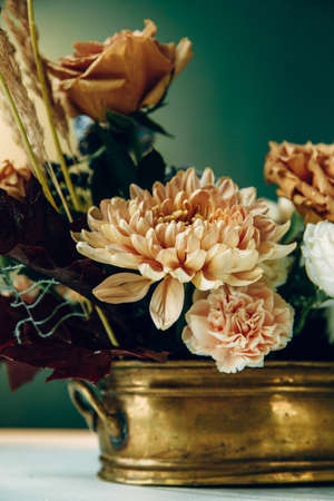 Composition of flowers in close-up. Dark empty background with a bouquet of flowers.の写真素材