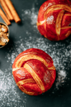 Delicious strawberry tart on white wooden background.の写真素材