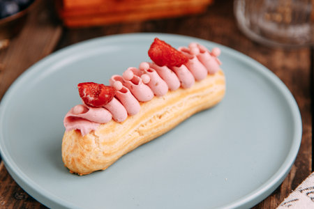 Eclairs decorated with chocolate and berries on a plate. Traditional French eclairs with cream.