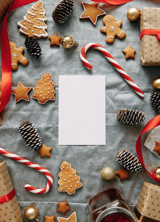 flatley layout of ginger holiday cookies with a blank background. Composition of Christmas gift boxes, cookies, cones.の写真素材