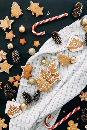 Composition with ginger cookies and cones on a dark background. christmas flatley layout with cookies and a christmas tree.の写真素材