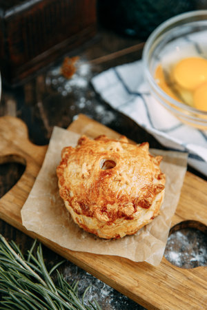 Pie with chicken and mushrooms from puff pastry. Pies cut in half close-up.