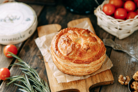 Pie with chicken and mushrooms from puff pastry. Pies cut in half close-up.の写真素材
