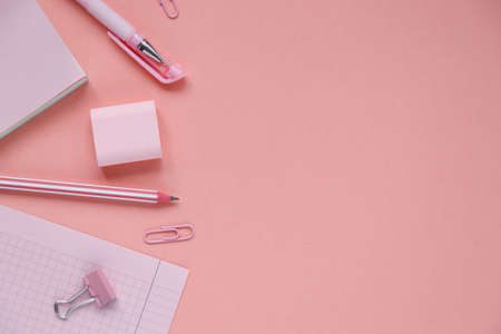 Stationary concept, Flat Lay top view Photo of school supplies scissors, pencils, paper clips,...