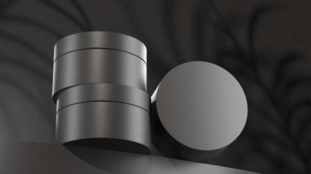 3d render perfume, a place for text in a dark brutal layout. A black bottle and jar, cosmetics on a...