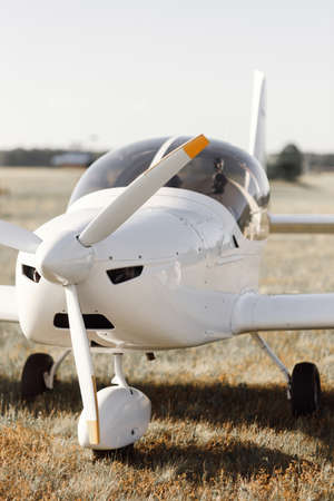 Private jet at sunset. Portrait of a corporate plane on the runway against the background of the...