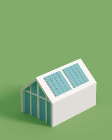 The icon of a smart ecological house on a green empty background. 3d render of an isometric house, with solar panels.の写真素材